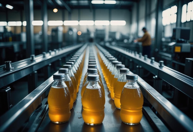 a line of bottles with orange liquid on it and a man in the background