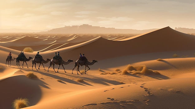 A line of camels is shown on a desert roadgenerative ai