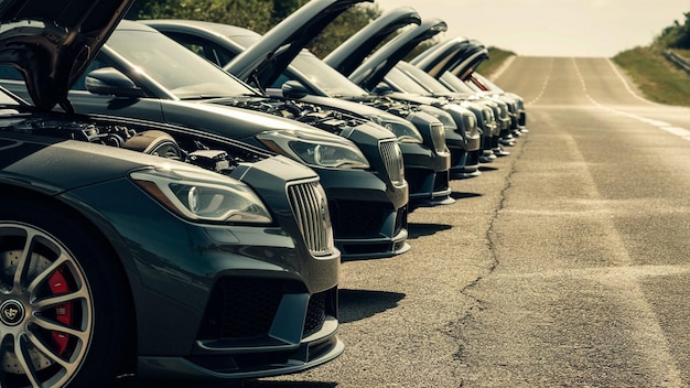 a line of cars lined up on a road with the headlights on