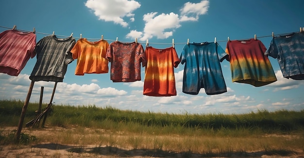 Photo a line of clothes hanging on a clothesline with clouds in the background