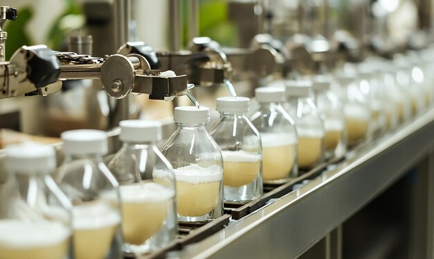 Photo a line of coconut water bottles being filled and cap