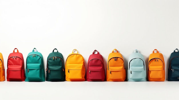 Photo line of colorful backpacks on white background back to school copy space aigenerated