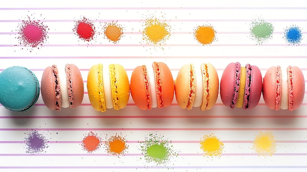 Photo a line of colorful macarons arranged on a striped surface