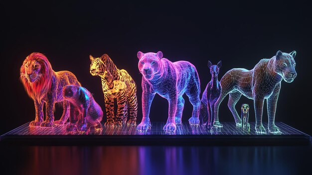 Photo a line of colorful wireframe animals in a dark environment