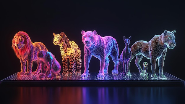 A line of colorful wireframe animals in a dark environment