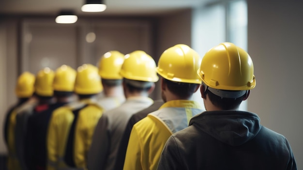 A line of construction workers in yellow hard hats stand in a line