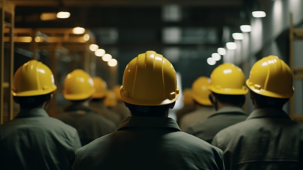 A line of construction workers in yellow hard hats stand in a line