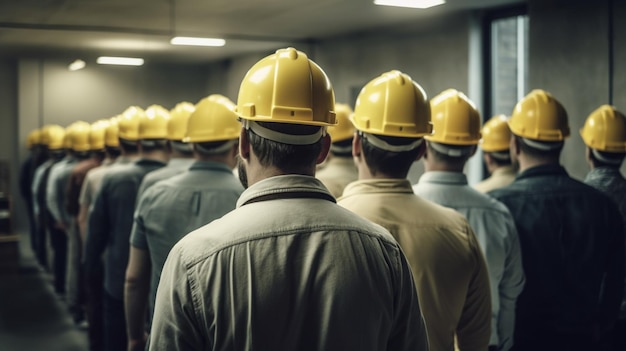 A line of construction workers in yellow hard hats stand in a line