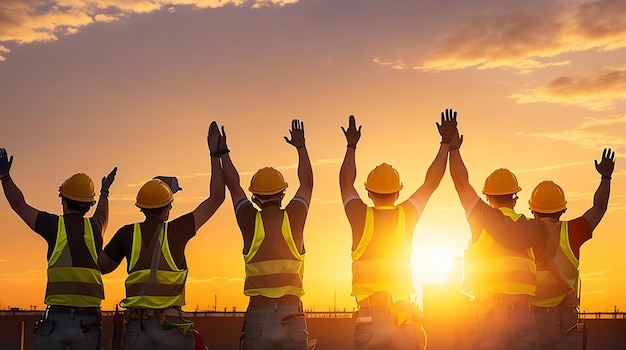 A line of construction workers in yellow vests and hard hats raise their hands in unison silhouetted