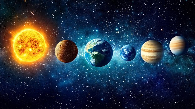 A line depicts the planets of our solar system in deep space each represented with its realistic co