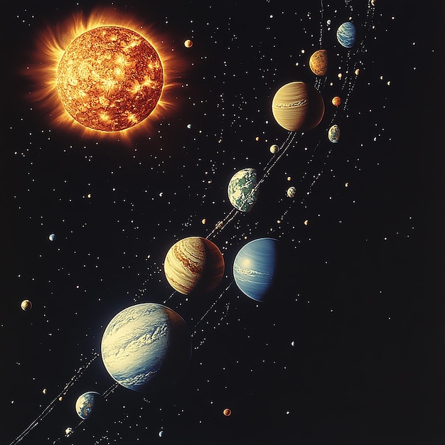 A line depicts the planets of our solar system in deep space each represented with its realistic co