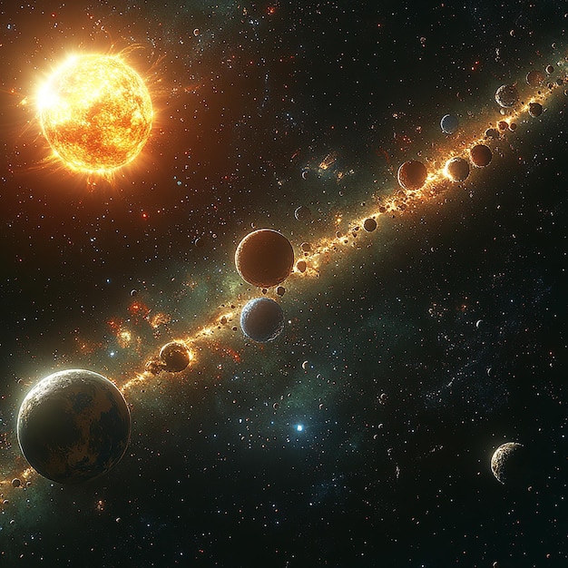 A line depicts the planets of our solar system in deep space each represented with its realistic co