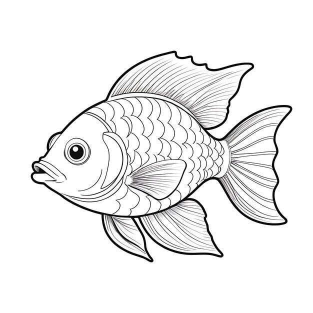 Photo line drawing cute fish coloring page 4k white background