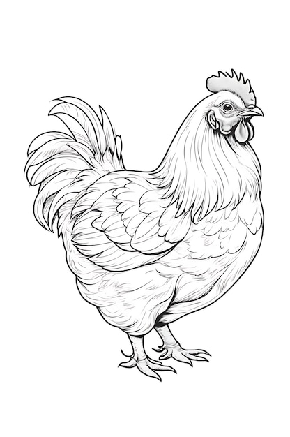 Photo line drawing cute hen animal coloring page 4k white background