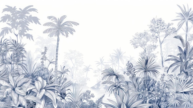 line drawing enchanting jungle tropical plants and trees wallpaper