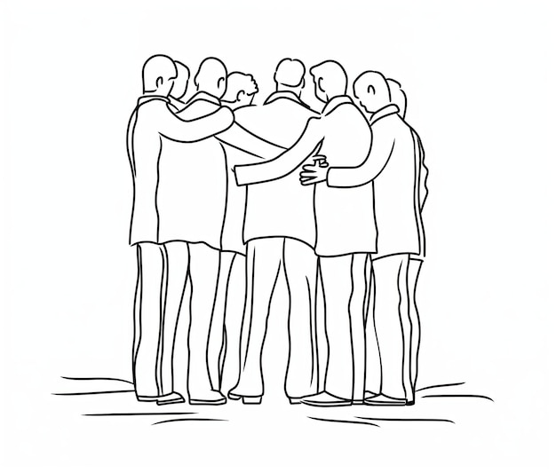 Photo line drawing of a group of people huddled together in a show of unity