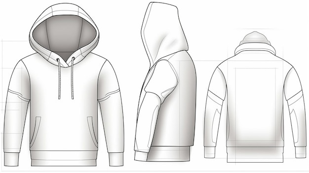 Line drawing of a hooded sweatshirt front side and back view on a white background