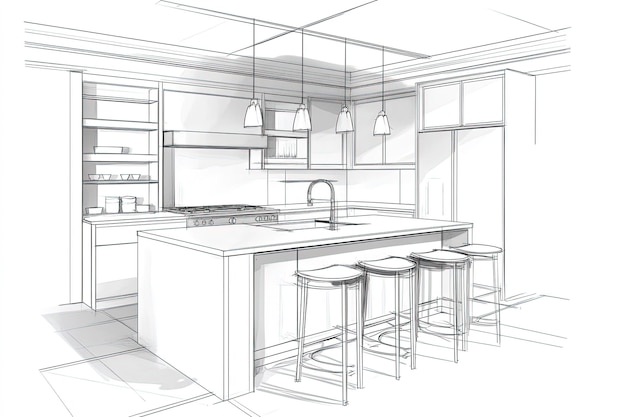 Photo a line drawing of a kitchen with stools