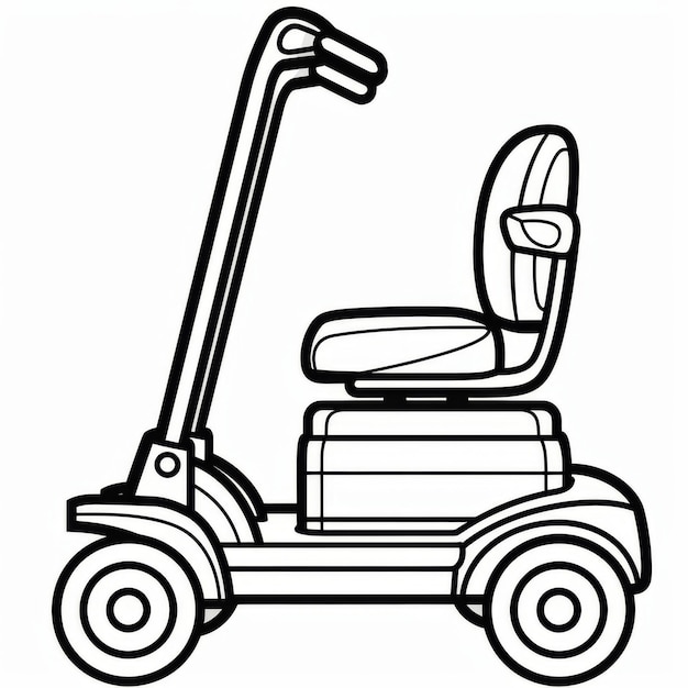 Line drawing of a mobility scooter highlighting its design and structure for accessibility and transportation