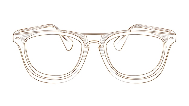 A line drawing of a pair of plastic framed glasses The glasses have a slightly rounded rectangular shape with a keyhole bridge and metal rivets