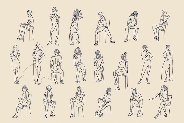 a line drawing of people walking in a line Minimalist line art illustrations of people in various poses