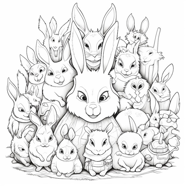 Photo a line drawing of rabbits and one of them is a bunny.