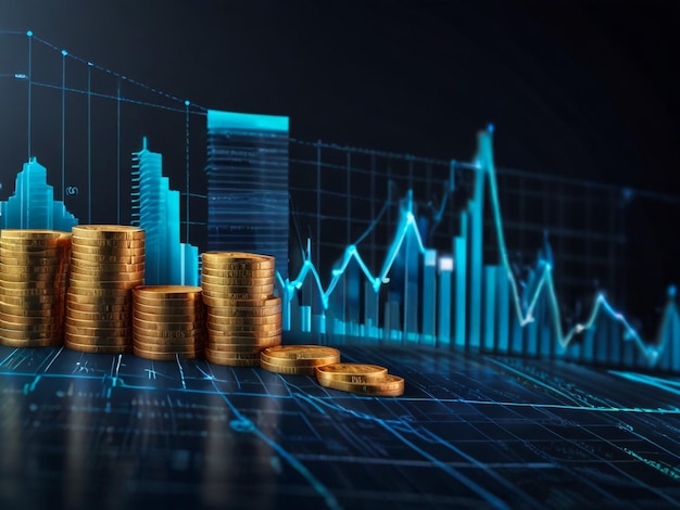 a line of gold coins with a graph of financial graphs on the top