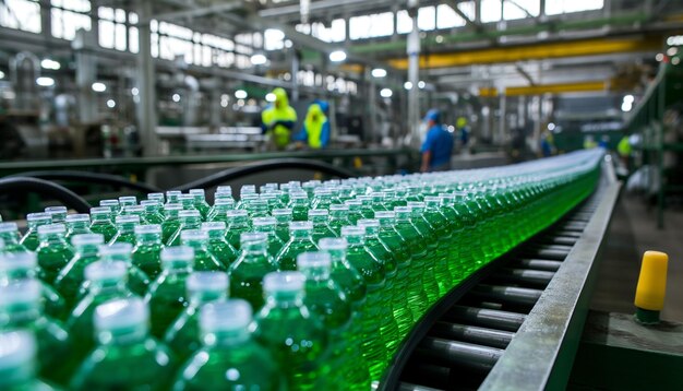 Photo a line of green bottles of green soda sit on a conveyor belt