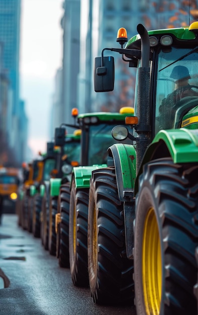 Line of Green Tractors in Urban City Street Agricultural Machinery in Modern Urban Background