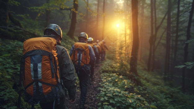 A line of hikers equipped with helmets and backpacks marching through a verdant forest on a misty tr