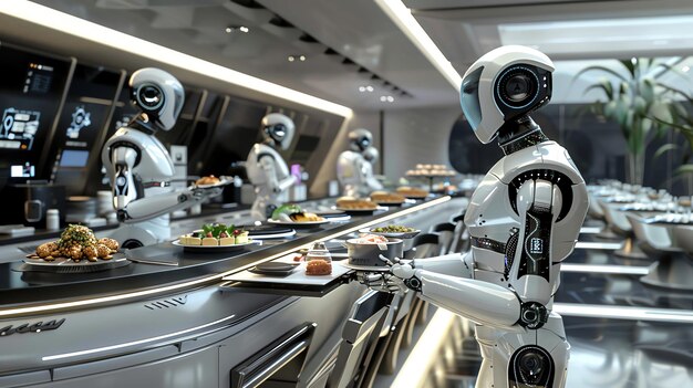 A line of humanoid robots serve food in a futuristic dining area