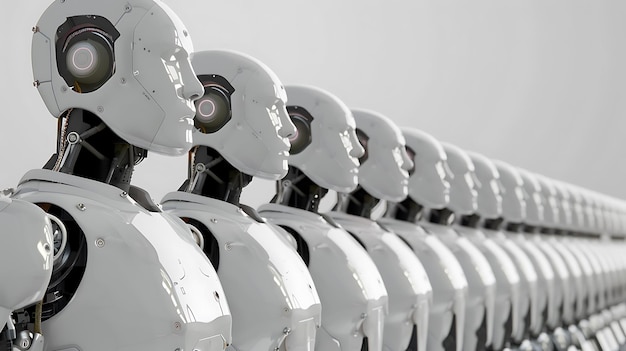 Photo a line of humanoid robots symbolizing artificial intelligence and automation