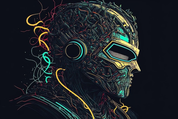 Line illustration of a cyborg wearing a mask