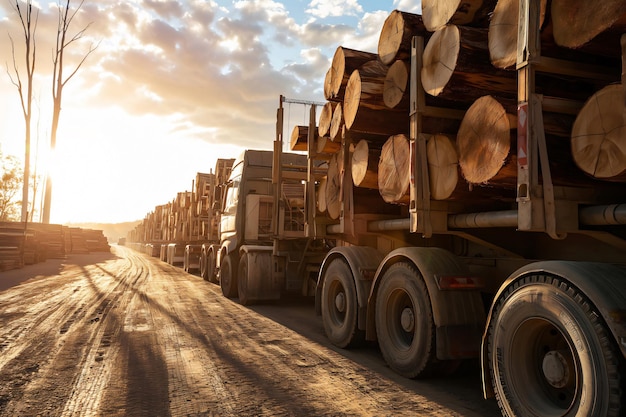 Photo line of logging trucks transporting timber along a dirt road at sunset showcasing the forestry industry in action