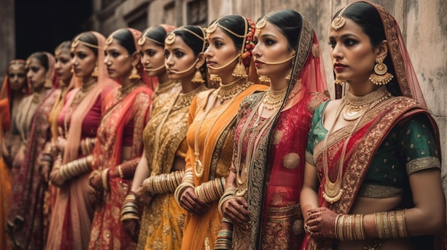 A line of models wearing saris, one of which is wearing a sari.