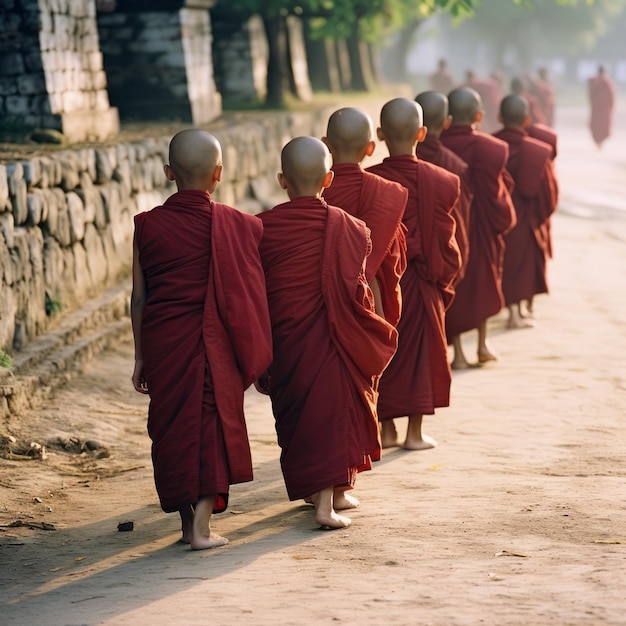 A line of monks are lined up on a street.