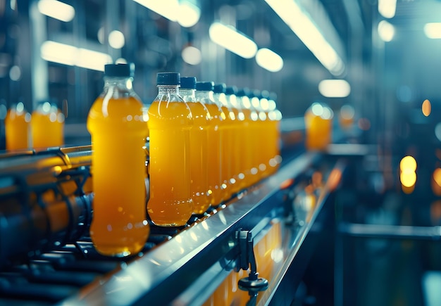 Photo a line of orange soda bottles are lined up on a conveyor belt