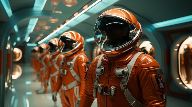 Line of orange space suits inside spaceship corridor ai generated photo