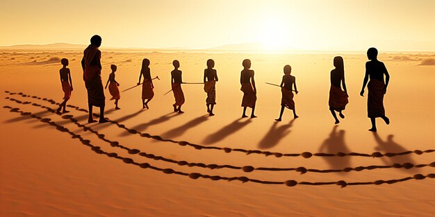 Photo a line of people are standing in the desert with the sun behind them