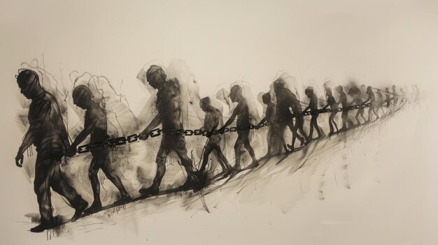 Photo a line of people chained together walking towards an unknown destination