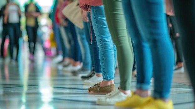 A line of people standing in a row with their shoes on ai