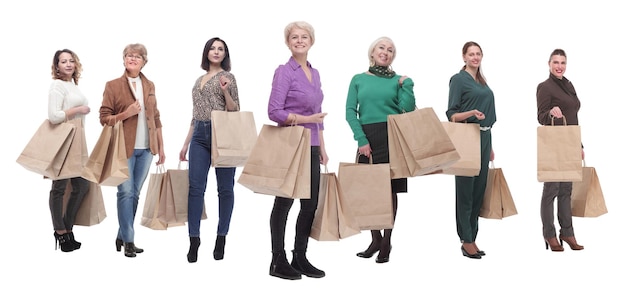 A line of people with shopping bags isolated