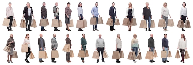 A line of people with shopping bags isolated