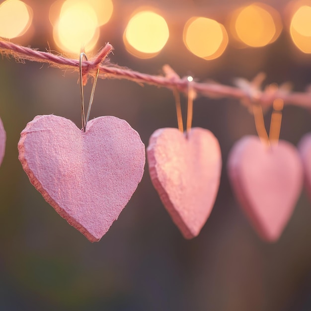 Photo line of pink hearts hung on pins blurred background