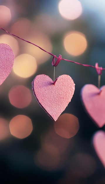 Line of Pink Hearts Hung on Pins Blurred Background