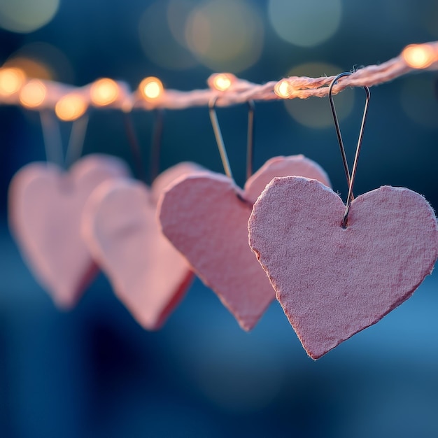 Photo line of pink hearts hung on pins blurred background