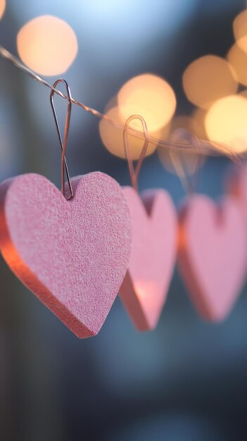 Photo line of pink hearts hung on pins blurred background