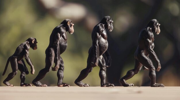 Photo a line of primates walking on a branch each one more humanlike than the last