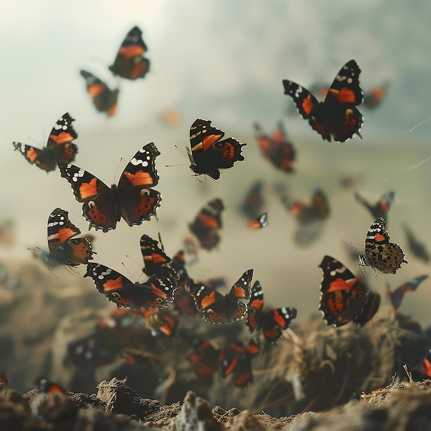 Photo a line of red admiral butterflies migrating through a beach environment