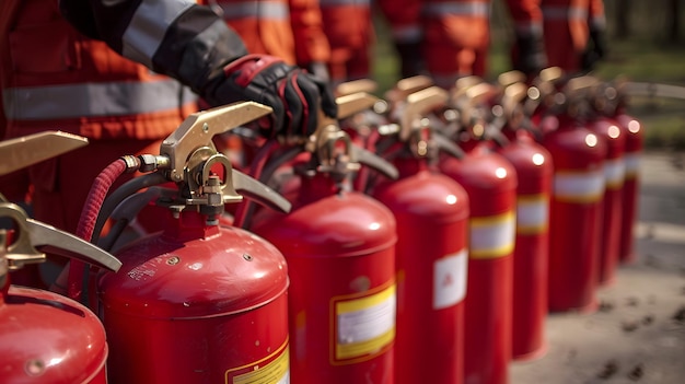 a line of red fire extinguishers are lined up in a line